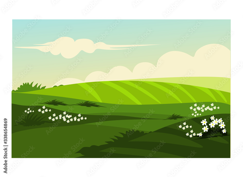 Obraz premium Prairie with flowers in flatt design for background illustration and image