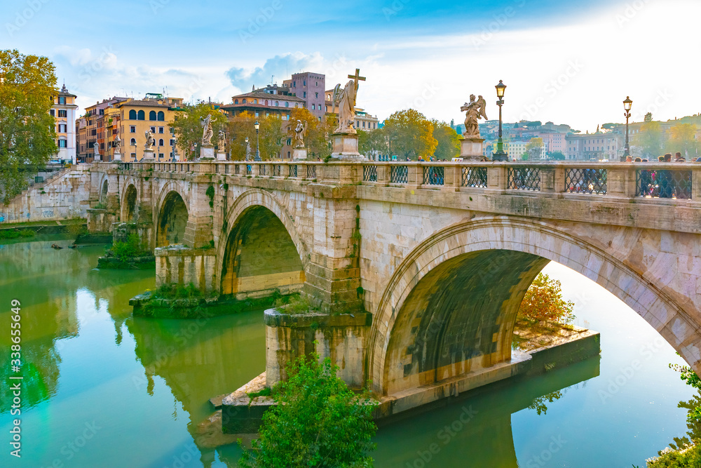Rome, Italy. Ponte Sant'Angelo (Bridge of Angels) a Roman pedestrian bridge in Vatican City spanning Tiber River. Originally it was known as Pons Aelius (Aelian Bridge) or Bridge of Hadrian.