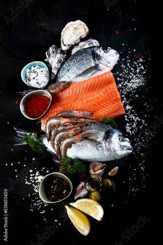 Photography Fresh raw fish and seafood