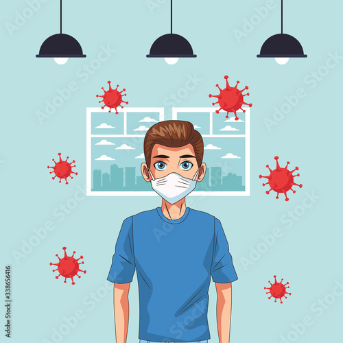 man using face mask and covid19 particles
