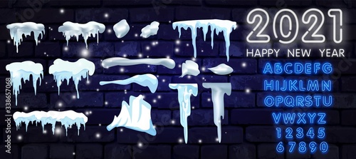 Big set of snow icicles and snow cap isolated with neon alphabet. Cartoon snowy elements over winter background. Design template. Vector illustration.