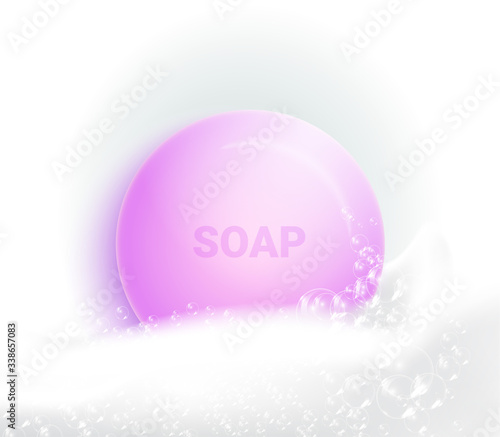 Soap bar with foam and bubbles isolated vector illustration on white background. Soap foam for lather. Vector illustration.