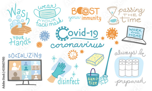 Covid-19 coronavirus illustrations collection sanitize washing hands face mask
