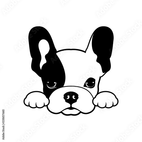 Adorable French Bulldog waiting for his snacks. Cute Frenchie with bunny ears in black & white logo.