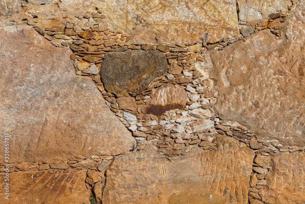 Typical sandstone wall of old colonial buildings in Minas Gerais, Brazil
