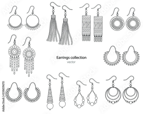 Collection of handmade earrings in ethnic style. Vector illustration isolated on a white background.
