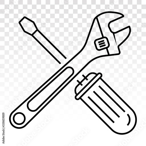 Screwdriver and wrench repair tool vector line art icon on a transparent background.