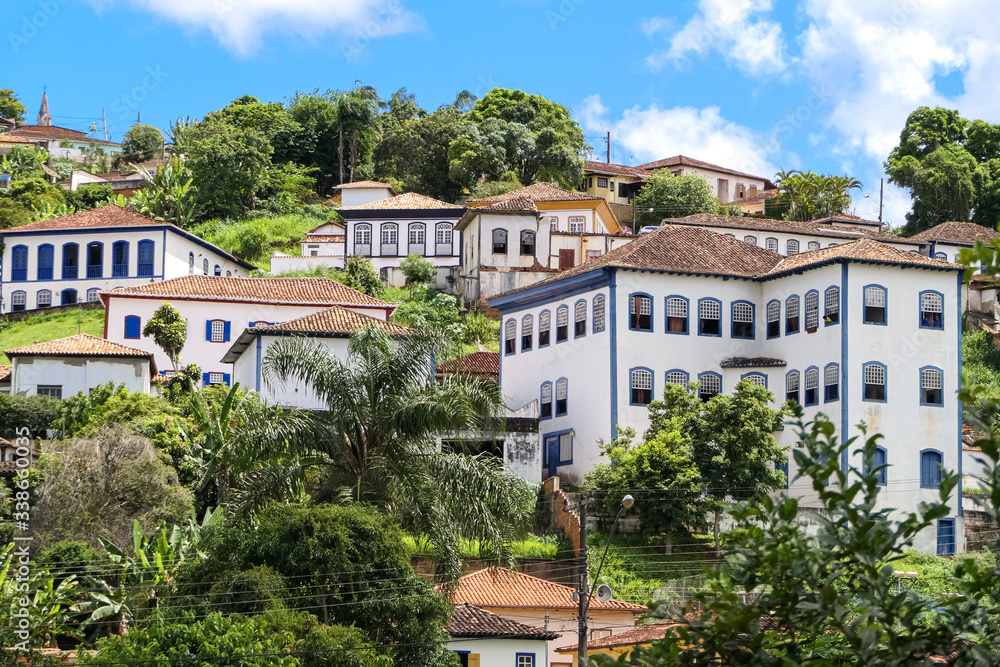Colonial white buildings  of the historical town Serro on a sunny day, Minas Gerais Brazil
