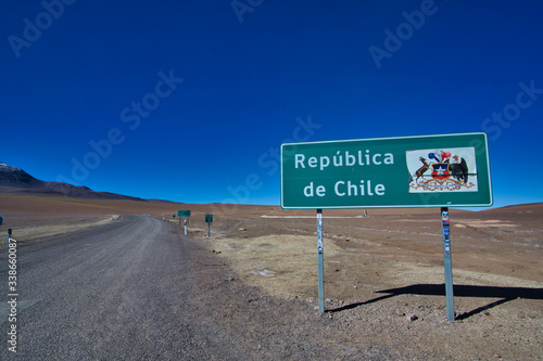 Road sign of the Republic of Chile at the Chilean border to Bolivia