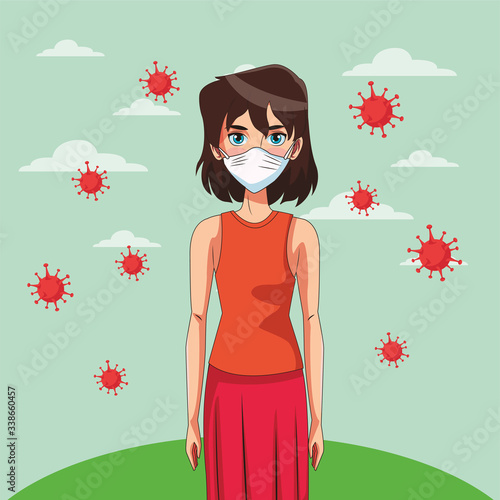 woman using face mask in the park with covid19 particles