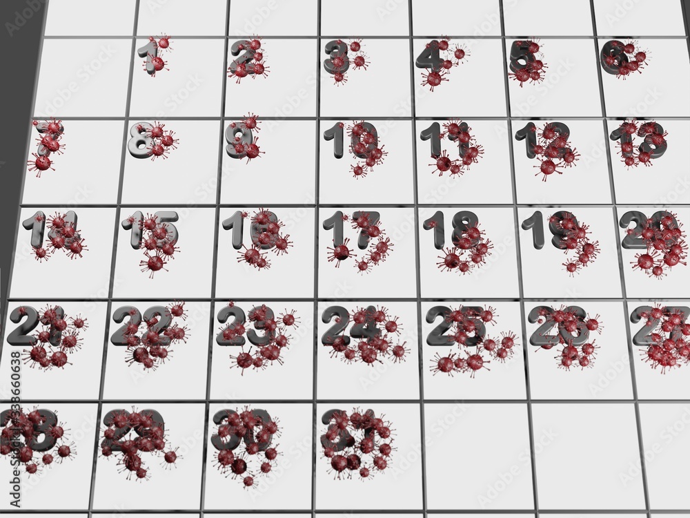 Covid-19 or Corona Virus spread every day and more like weather forecast, show on 3D render calendar. Future business concept to warn people in mobile app Covid-19 or Corona Virus spread every day and more like weather forecast, show on 3D render calendar. Future business concept to warn people in mobile app