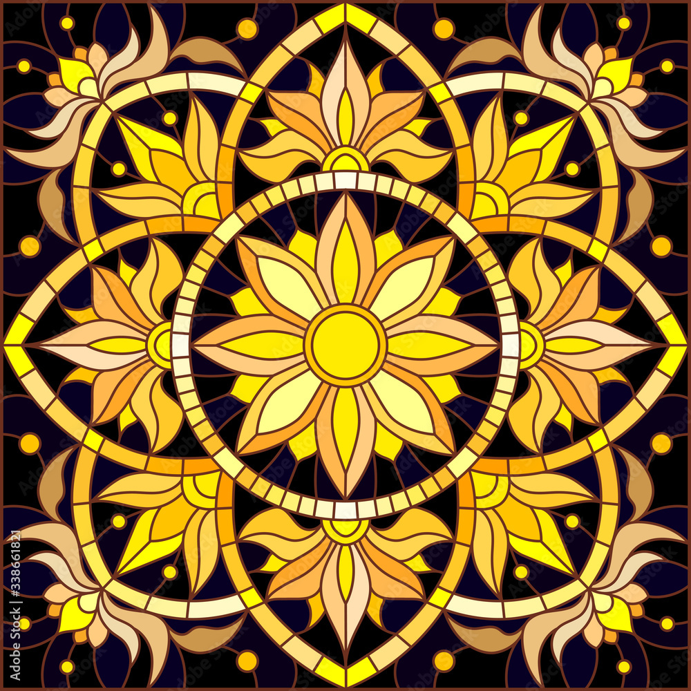 Illustration in stained glass style with floral ornament ,imitation gold on dark background with swirls and floral motif, square image Illustration in stained glass style with floral ornament ,imitation gold on dark background with swirls and floral motif, square image