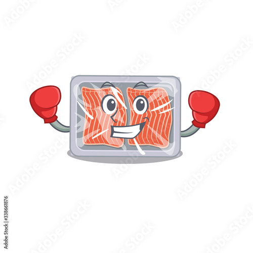 A sporty boxing athlete mascot design of frozen salmon with red boxing gloves