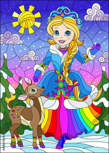 An illustration in the style of a stained glass window on the theme of winter holidays, a cheerful cartoon of a girl and a fawn, against the background of a winter day landscape