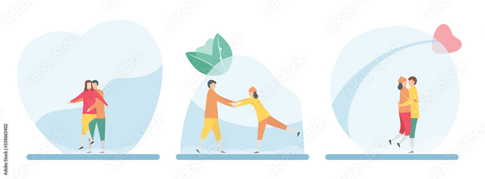 3 Sets of lover that play ice skating isolated on white background for winter season. Vector illustration is in flat style.