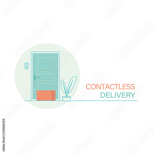 Contactless delivery illustration, front door and cardboard box