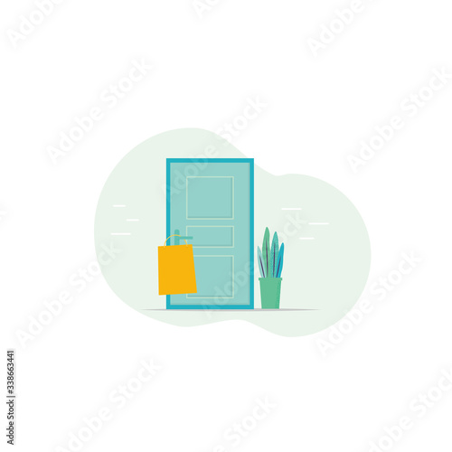 Contactless delivery illustration, front door and paper bag