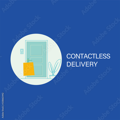 Contactless delivery illustration, front door and paper bag