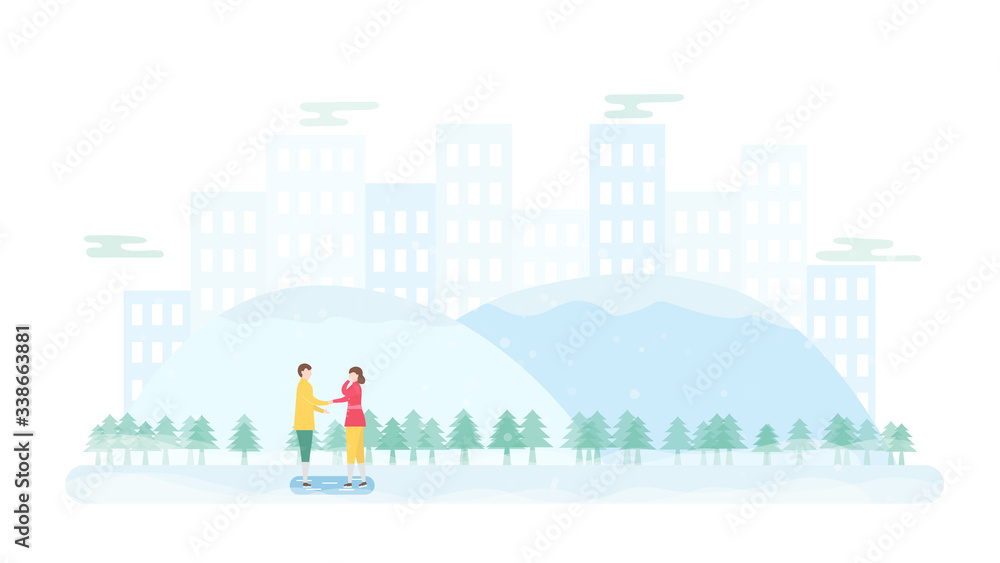 Lover plays ice skating. Scene is designed for winter season. Vector illustration is in flat style.