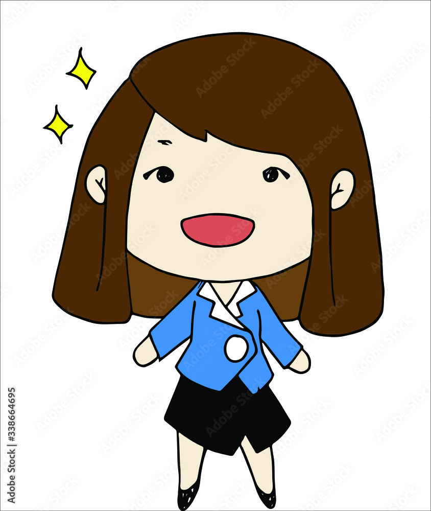 Young woman with big smile and focus on something. Blue formal suit work  clothes. Cartoon chibi character vector. Stock Vector | Adobe Stock