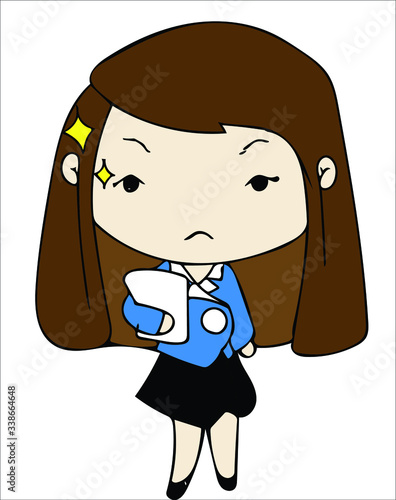 Young mad woman with work document paper. Intense and tense work. Blue formal uniform suit clothes. Cartoon chibi character vector.