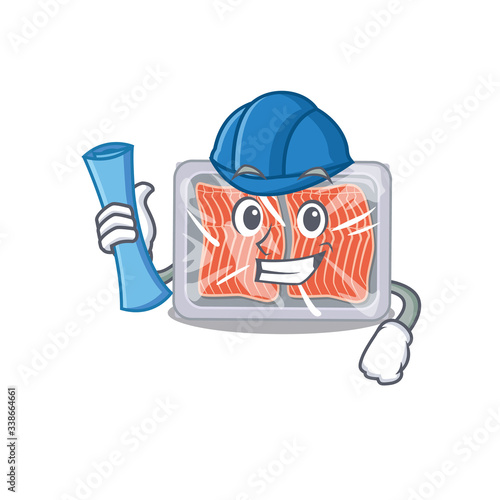 frozen salmon cartoon character of frozen salmon brainy Architect with blue prints and blue helmet