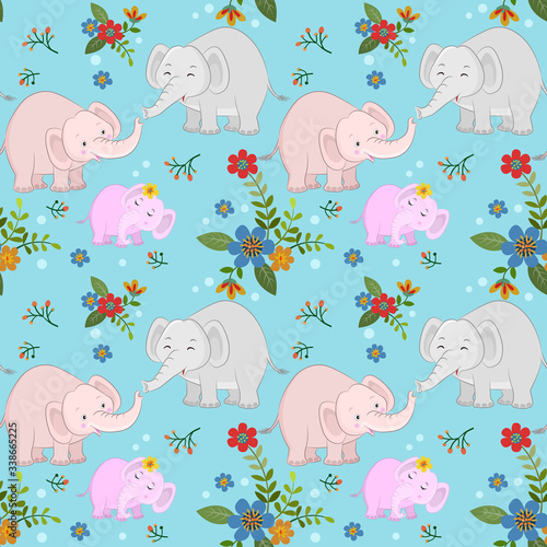 Cute cartoon elephant family in flowers garden pattern.