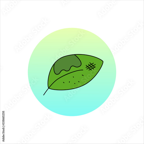 Deseased plantn. Hand drawn vector illustration. Green leaf on blue background. For banner, flyer, poster, card, logo, badge. photo