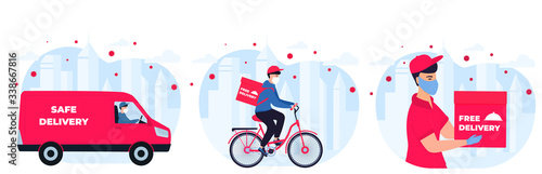 COVID-19. Coronavirus epidemic. Safe Delivery service. Courier in protective masks deliver goods and food on a car, bike to people in quarantine. Stay home concept