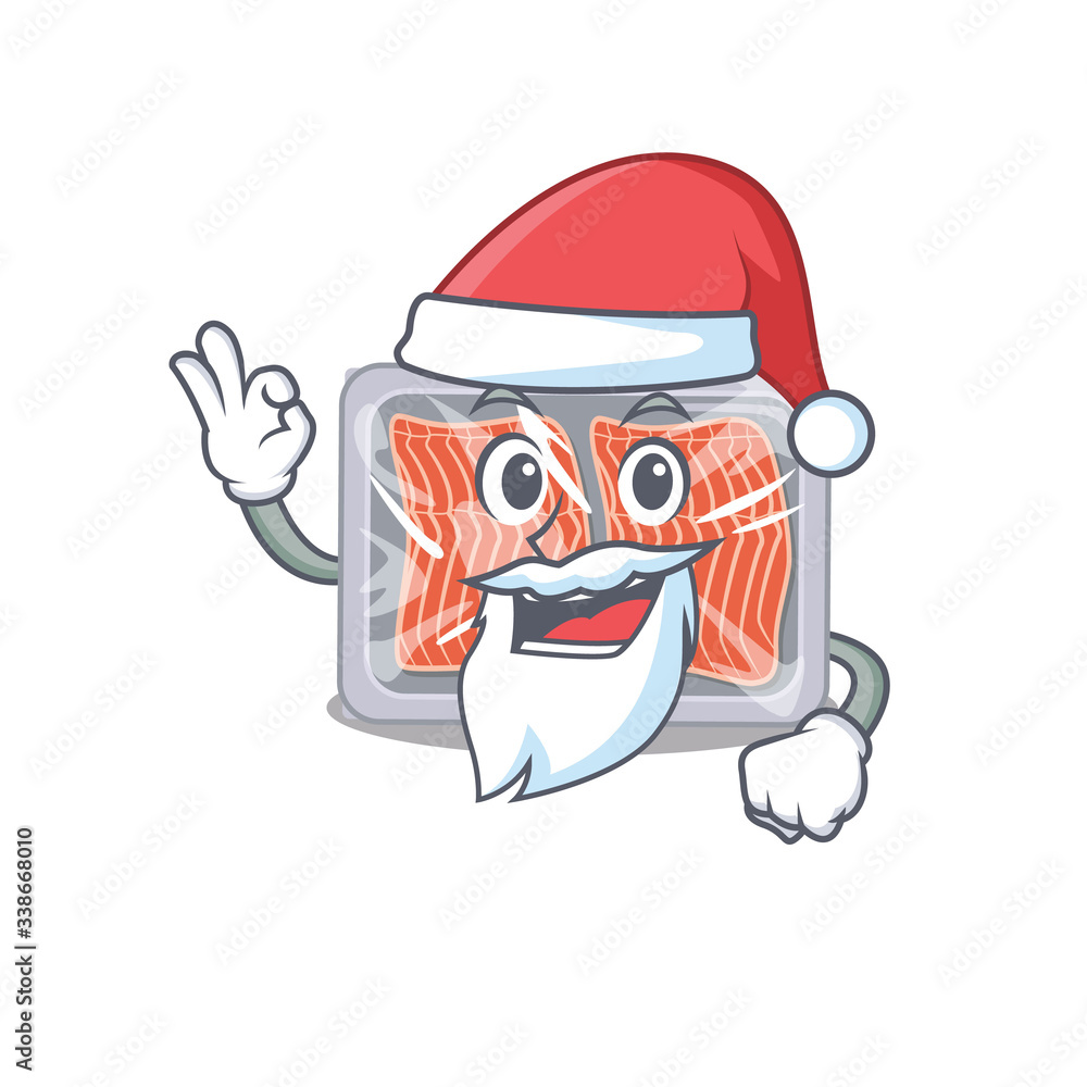 Frozen salmon Santa cartoon character with cute ok finger Frozen salmon Santa cartoon character with cute ok finger