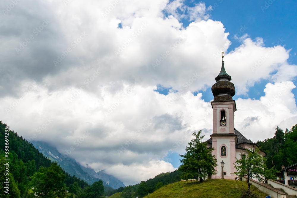 trees, national park, hiking, alps, scenic, landscape, alpine, bavaria, chapel, nature, maria gern, watzmann, europe, landmark, tourism, germany, church, forest, berchtesgaden, oberbayern, countryside