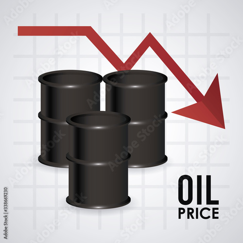 oil price infographic with barrels and arrow