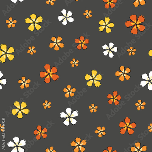 Trendy Ditsy flower colorful blossoms on a gray background seamless vector repeat pattern surface design