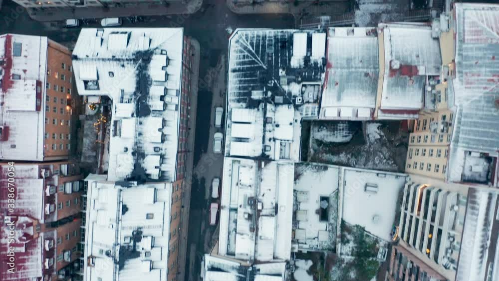 Rooftops covered in snow in Stockholm Old Town, aerial view Rooftops covered in snow in Stockholm Old Town, aerial view