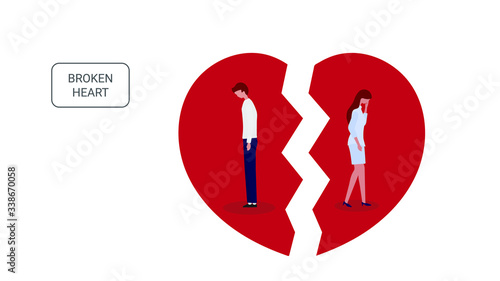 Sad couple standing near big broken heart. Man and woman break up, divorce. Poster for web design, social media, banner, presentation. Flat design vector illustration.