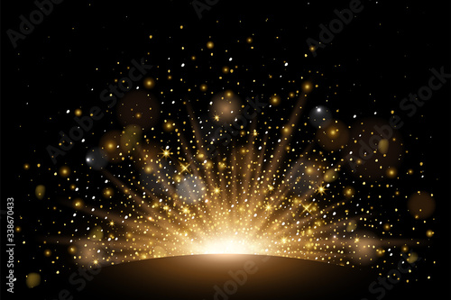 Vector rising sun light effect with rays, stars and sparkles with bokeh. Realistic design element soft half fireworks with glitter splatter elements. Vector isolated on plaid vector background.