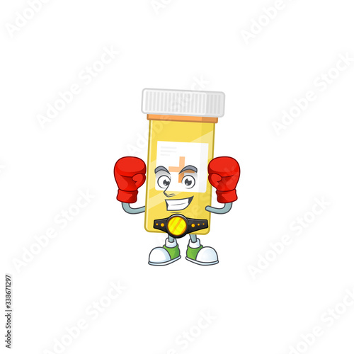 A sporty medicine bottle boxing athlete cartoon mascot design style