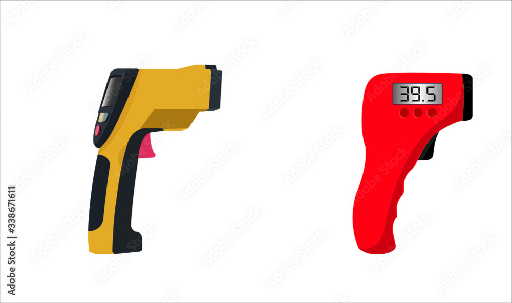 Infrared thermometer gun for forehead with temperature range standards. Vector illustration. Infrared thermometer gun for forehead with temperature range standards. Vector illustration.