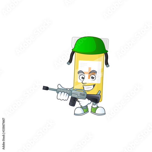 An elegant medicine bottle Army mascot design style using automatic gun