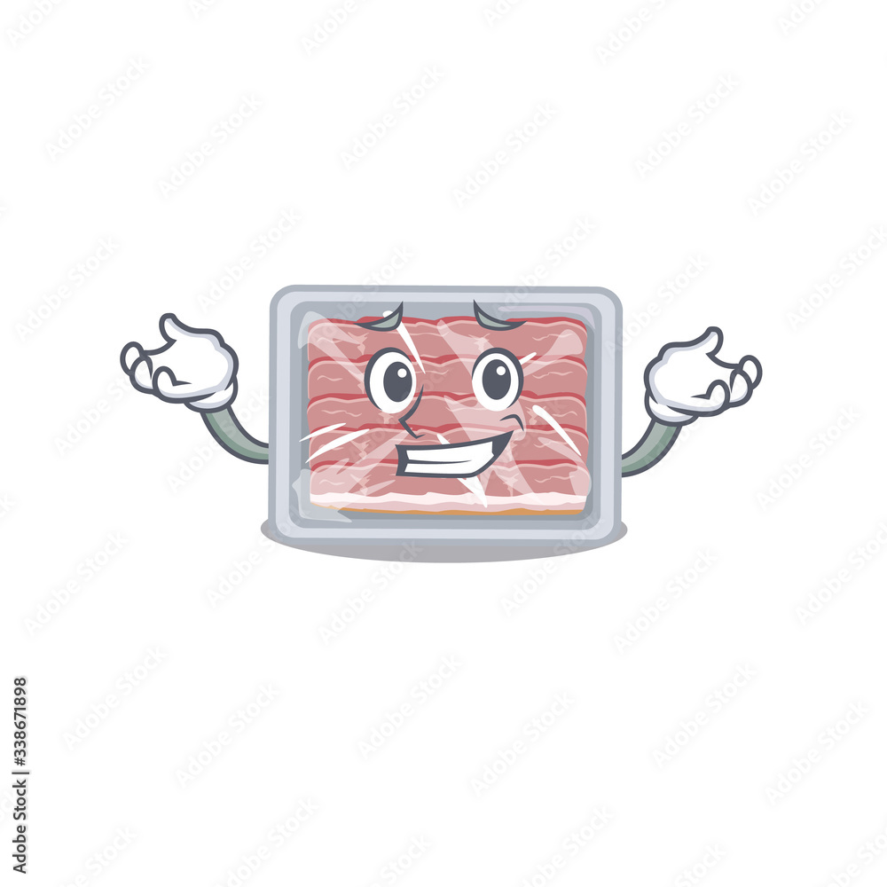 A picture of grinning frozen smoked bacon cartoon design concept A picture of grinning frozen smoked bacon cartoon design concept