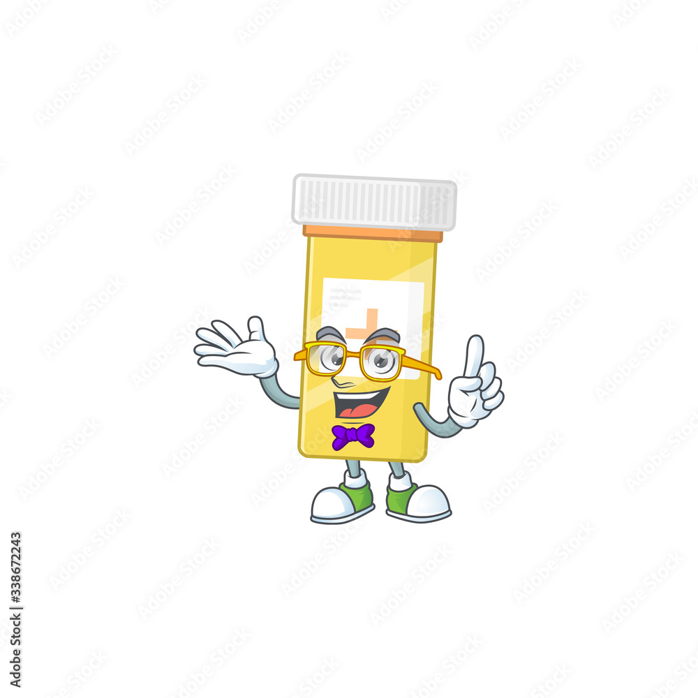 Cartoon character design of Geek medicine bottle wearing weird glasses