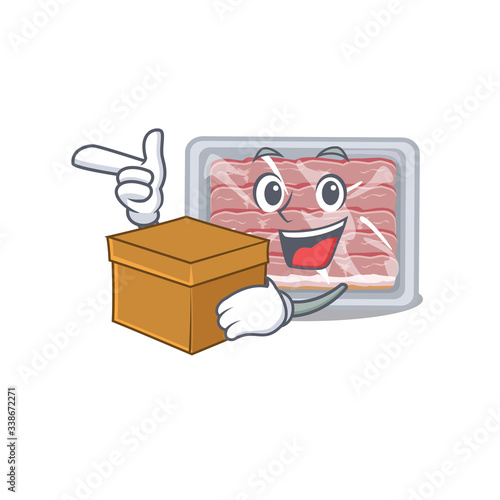 An picture of frozen smoked bacon cartoon design concept holding a box