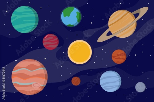 Vector set of planets, solar system in cartoon style. Space or cosmos background. Flat illustration with isolated elements. 