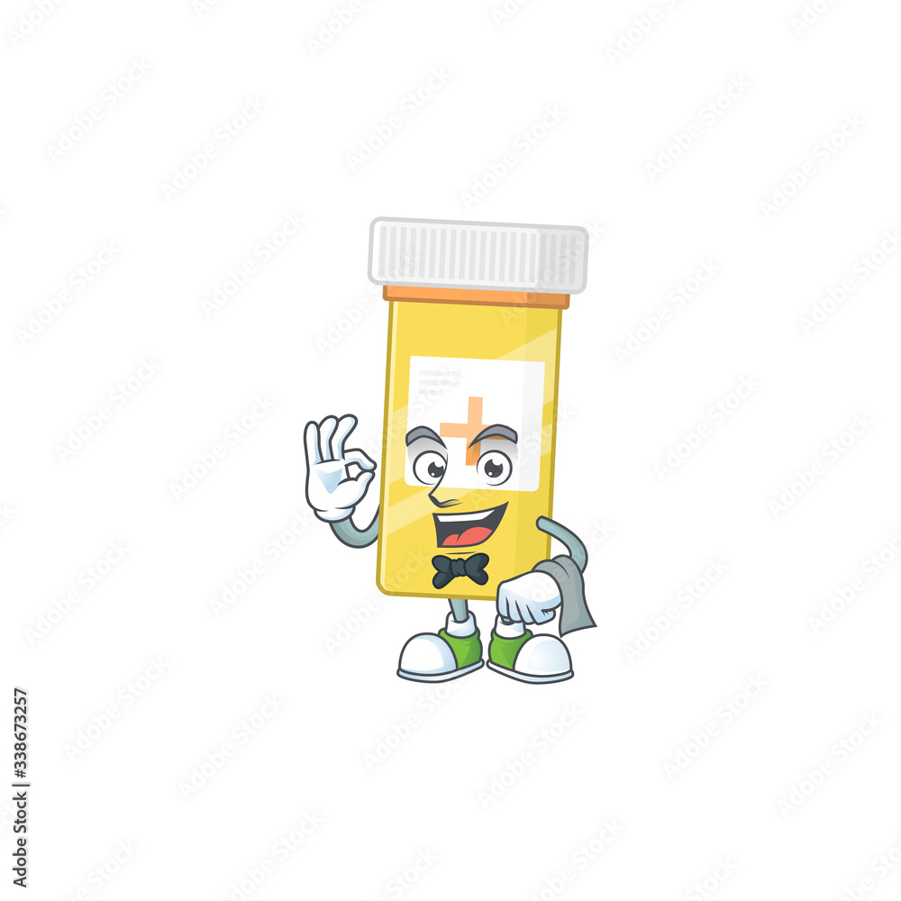 A medicine bottle waiter cartoon character ready to serve