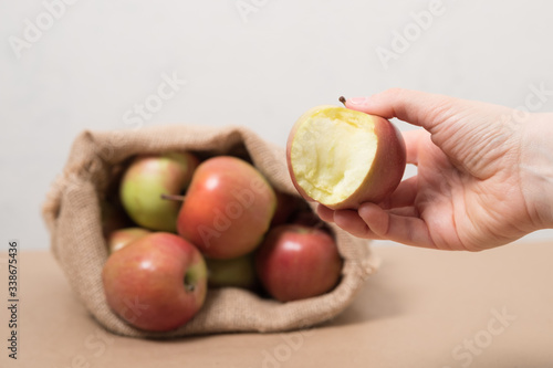 Apples in a fabric bag. Female hand holds an apple.