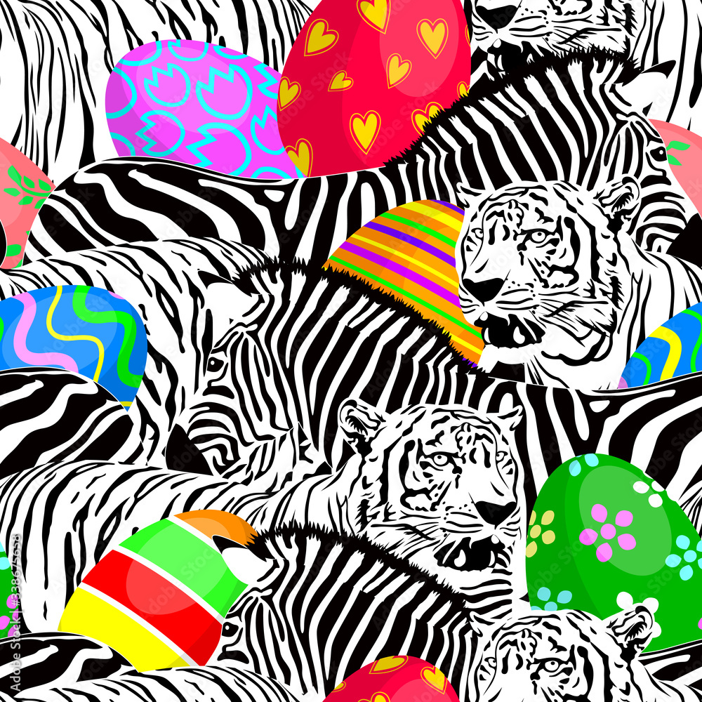 Zebra and tiger seamless pattern with colorful Easter eggs. Savannah Animal ornament. Wild animal design trendy fabric texture, illustration. Zebra and tiger seamless pattern with colorful Easter eggs. Savannah Animal ornament. Wild animal design trendy fabric texture, illustration.