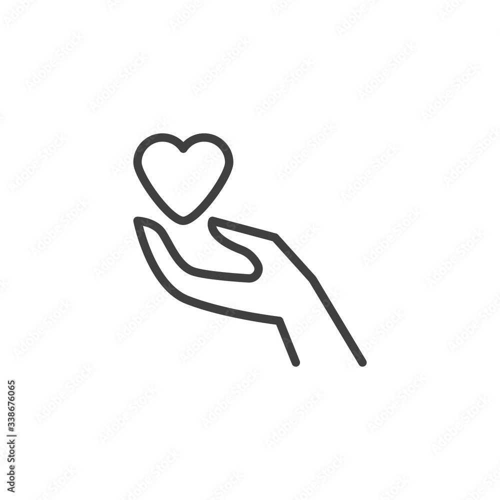 Hand holding heart line icon. linear style sign for mobile concept and web design. Heart donation hand outline vector icon. Donation and charity symbol, logo illustration. Vector graphics Hand holding heart line icon. linear style sign for mobile concept and web design. Heart donation hand outline vector icon. Donation and charity symbol, logo illustration. Vector graphics