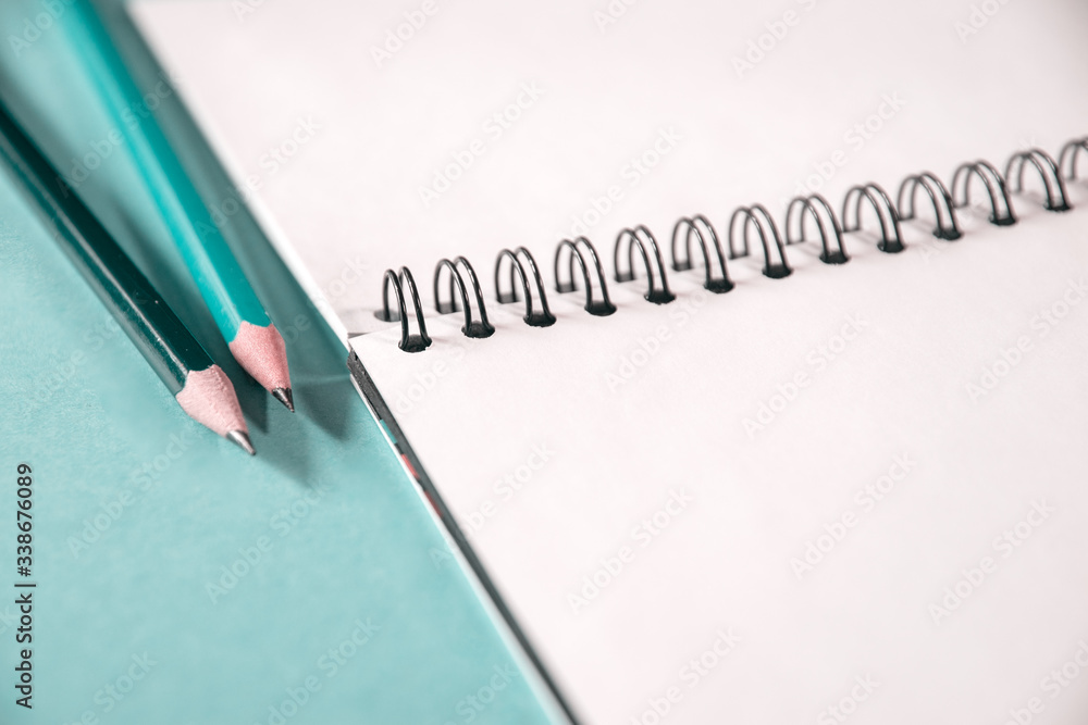 Closeup of pencils and an open daily planner on green background. business or educational concept. Closeup of pencils and an open daily planner on green background. business or educational concept.