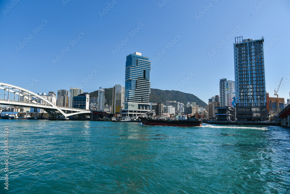 Busan city, South Korea - OCT 31, 2019: Busandaegyo Bridge to Yeongdo island. Busan city, South Korea - OCT 31, 2019: Busandaegyo Bridge to Yeongdo island.