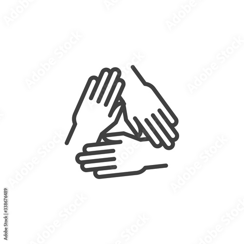Solidarity, Unity hands line icon. linear style sign for mobile concept and web design. Three hands hold together outline vector icon. Symbol, logo illustration. Vector graphics